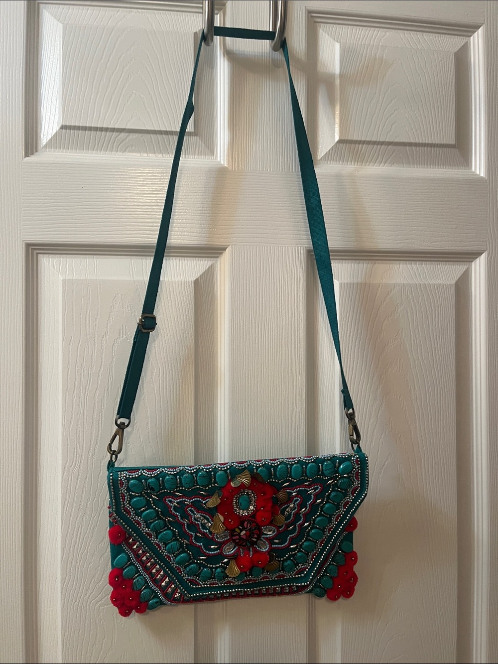 Lulu's Teal Embroidered Crossbody with Red Flower Accents